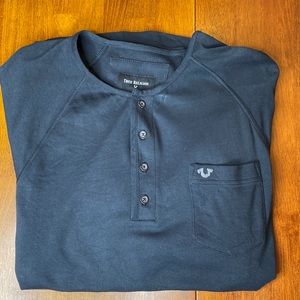 True Religion Shirt Mens Medium Navy Blue Henley Pocketed Long Sleeve Raglan